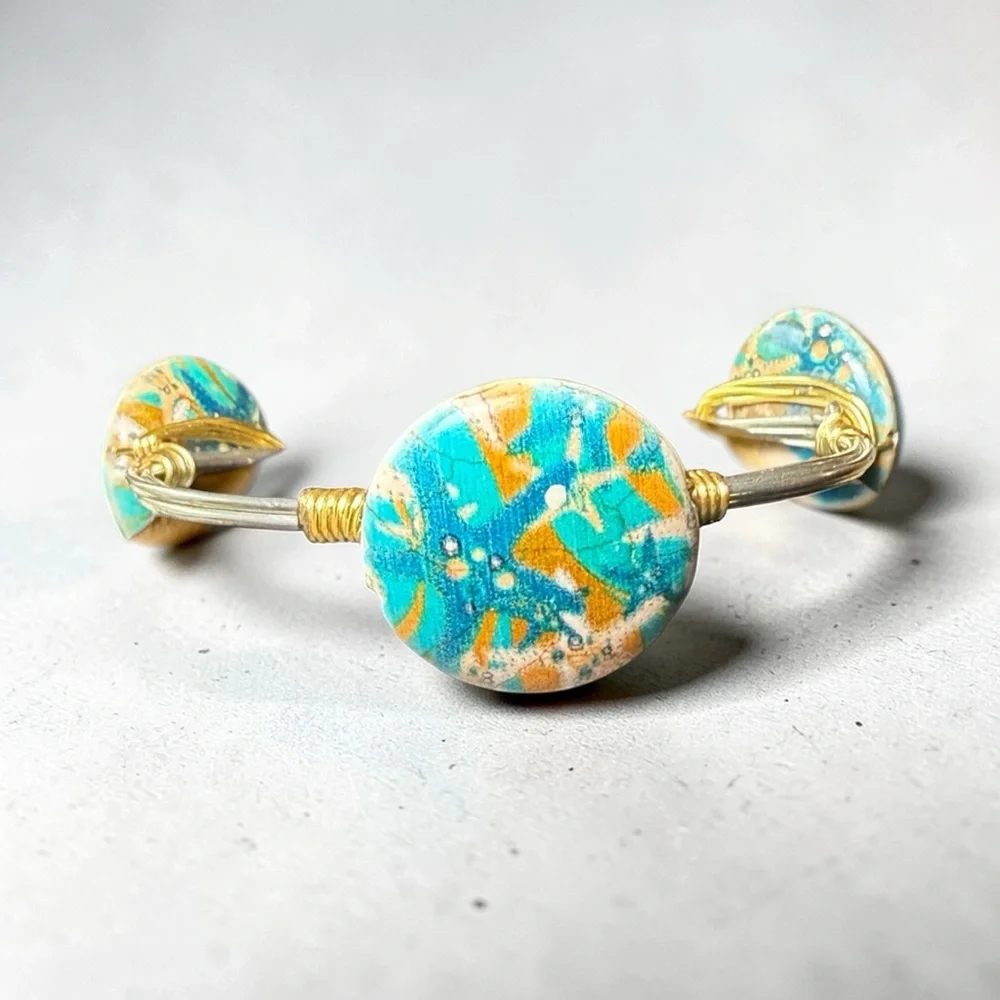 Turquoise‎ Starfish Mixed Metal Wire Wrapped Bangle Bracelet Beach Boho Coastal